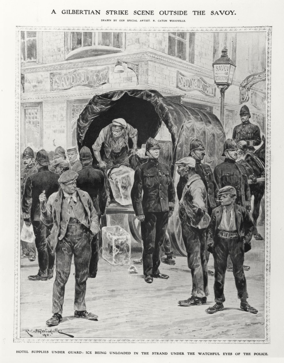 Uma cena de greve dos Gilbertianos fora do Savoy, 1910 de Richard Caton after Woodville