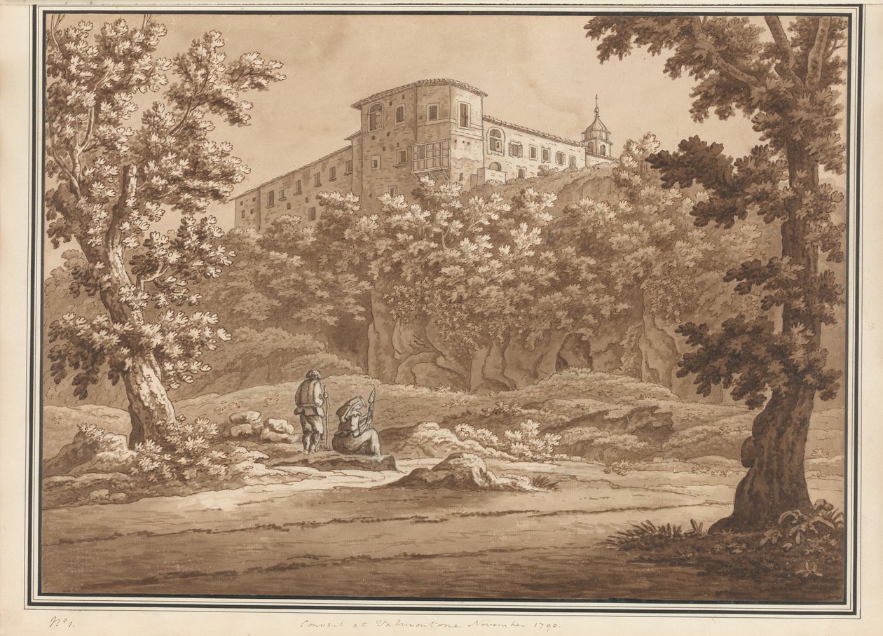 Convento em Valmontone, a partir de um volume de 66 vistas tiradas da natureza no bairro de Roma e Abruzzo, em novembro de 1790 (caneta e tinta para lavar no papel) de Richard Colt Hoare