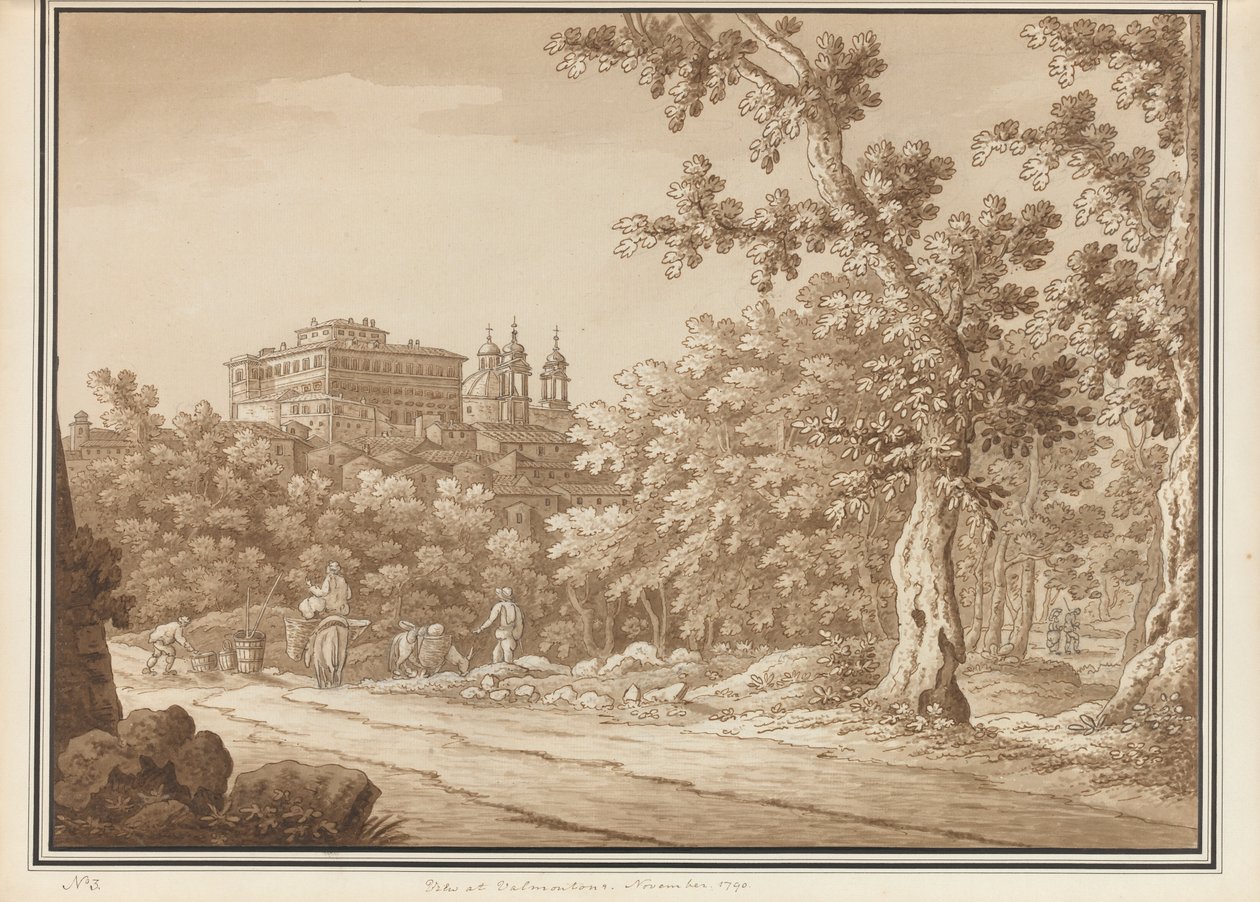 Vista em Valmontone, a partir de um volume de 66 vistas tiradas da natureza no bairro de Roma e Abruzzo, em novembro de 1790 (caneta e tinta para lavar no papel) de Richard Colt Hoare