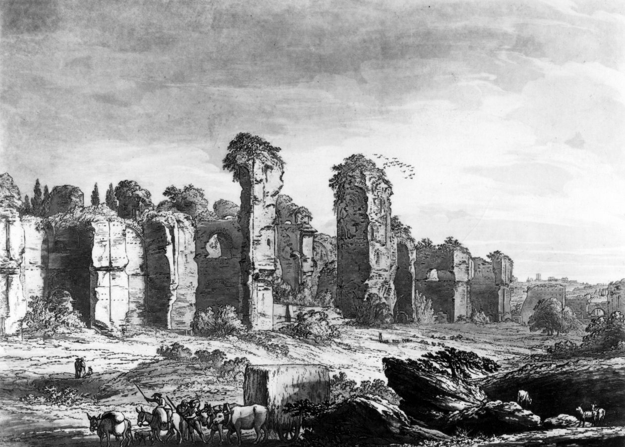 Vista dos vestígios dos banhos de Caracalla, tirados do Jardim dos Jesuítas, Roma, c.1778 (aquatint) de Richard, the Elder Cooper