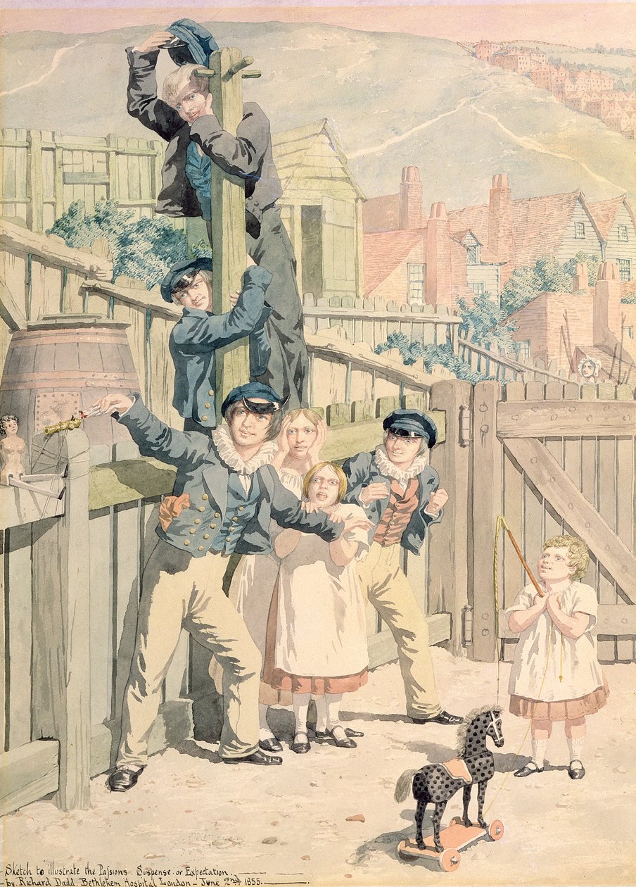 Esboço para ilustrar as paixões: suspense ou expectativa, 1855 (wc, caneta e tinta sobre grafite no papel) de Richard Dadd