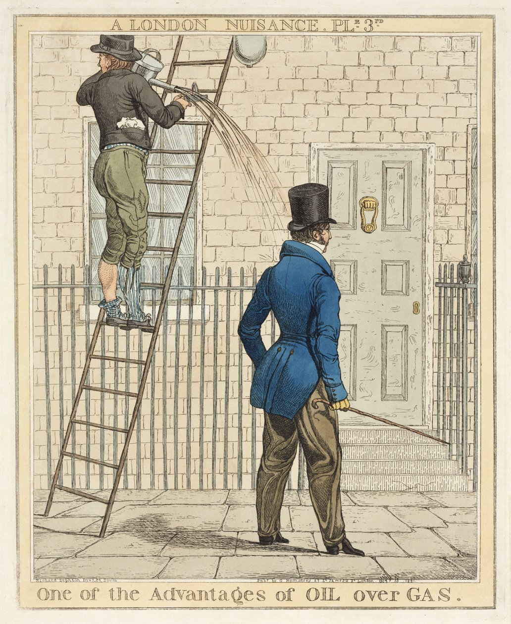 Uma das vantagens do óleo sobre gás, placa 3 de A London Nuisance, 1821 (gravura colorida à mão) de Richard Dighton