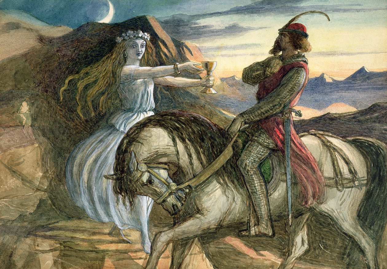 Uma fada e um cavaleiro (lápis, wc e bodycolour no papel) de Richard Doyle