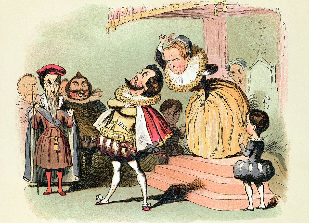 Elizabeth I (1533-1603): com Robert Devereux, 2º Conde de Essex, em conselho, 1586, (cartoon, print) de Richard Doyle