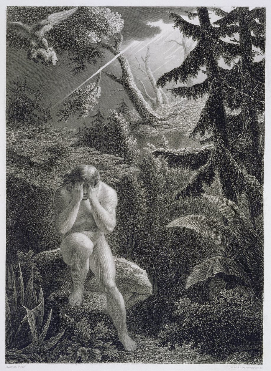 Adão lamentando sua pecaminosidade, de uma edição francesa de &39;Paradise Lost&39;, de John Milton (1608-74), gravada por Goulu e Rensonnette, publicada em 1868 de Richard Edmond Flatters