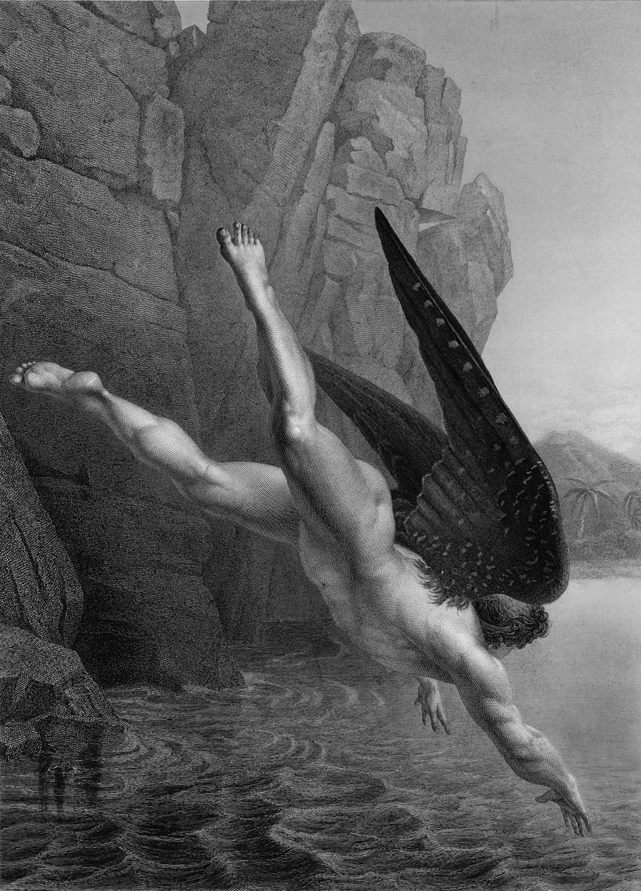 Satanás mergulha no rio Estige, de uma edição francesa de &39;Paradise Lost&39;, de John Milton (1608-74), gravada por Darodes, publicada em 1868. de Richard Edmond Flatters