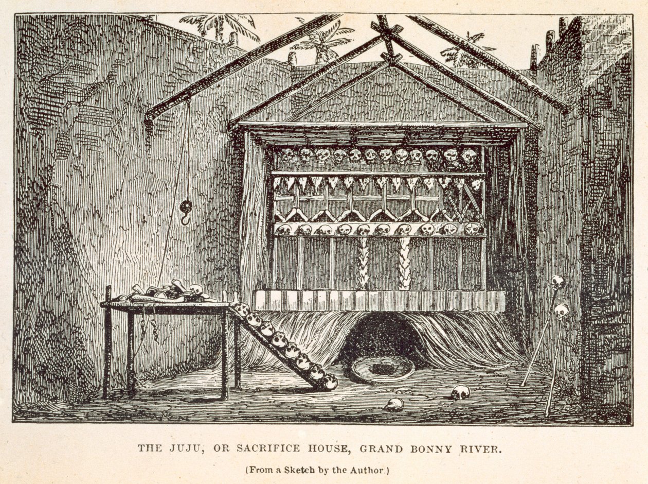 O Juju, ou Casa do Sacrifício, Grand Bonny River, de &39;Wanderings in West Africa de Liverpool a Fernando Po&39;, de Richard F. Burton, gravado por Tinsley Brothers, 1863 de Richard Francis Burton