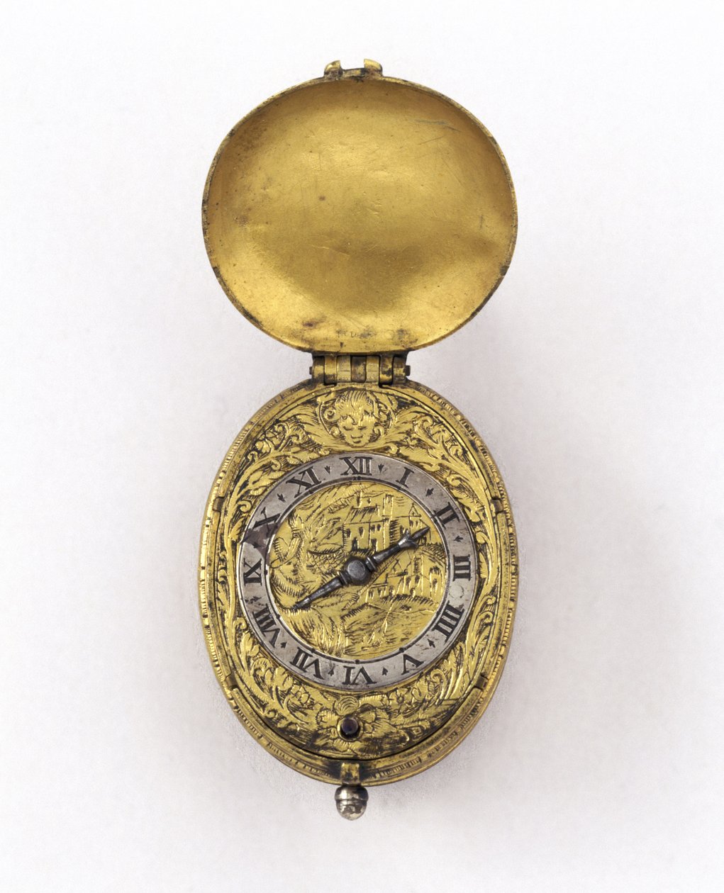 Relógio de escapamento oval, c.1630 (metal prateado e dourado) de Richard Jackson