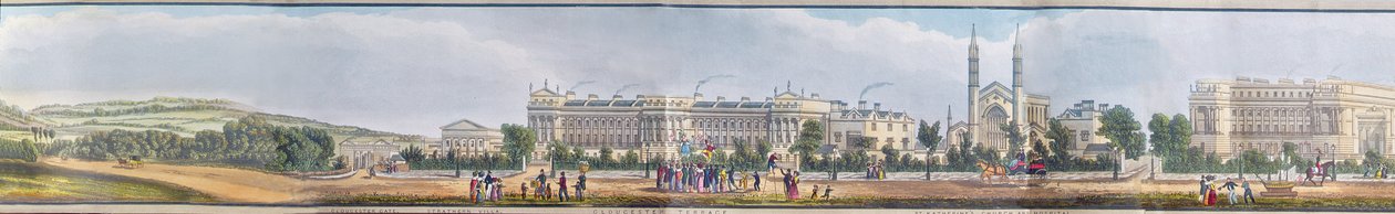 Gloucester Gate, Gloucester Terrace e Igreja e Hospital de St. Katherine, detalhe de "Uma vista panorâmica em volta do Regent&39;s Park", pub. por Ackermann, 1831 (aquatint) de Richard Morris