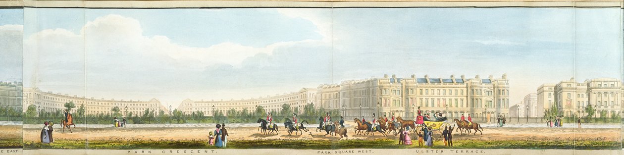 Crescente do parque e terraço de Ulster, detalhe de uma vista panorâmica em volta do parque do regente, bar. por Ackermann, 1831 (aquatint) de Richard Morris
