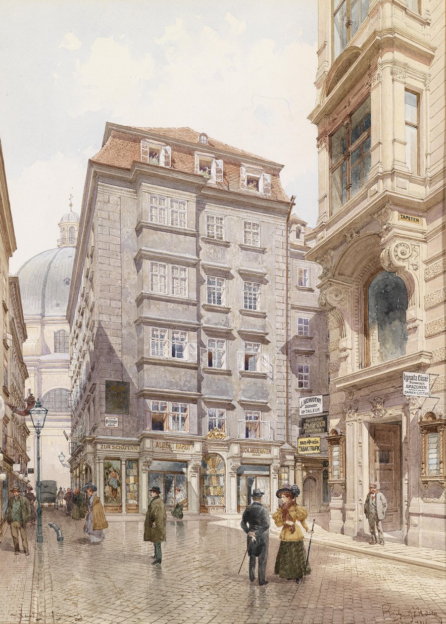 A loja de roupas Albert Hardt na Freisingergasse, atrás da Peterskirche de Richard Moser
