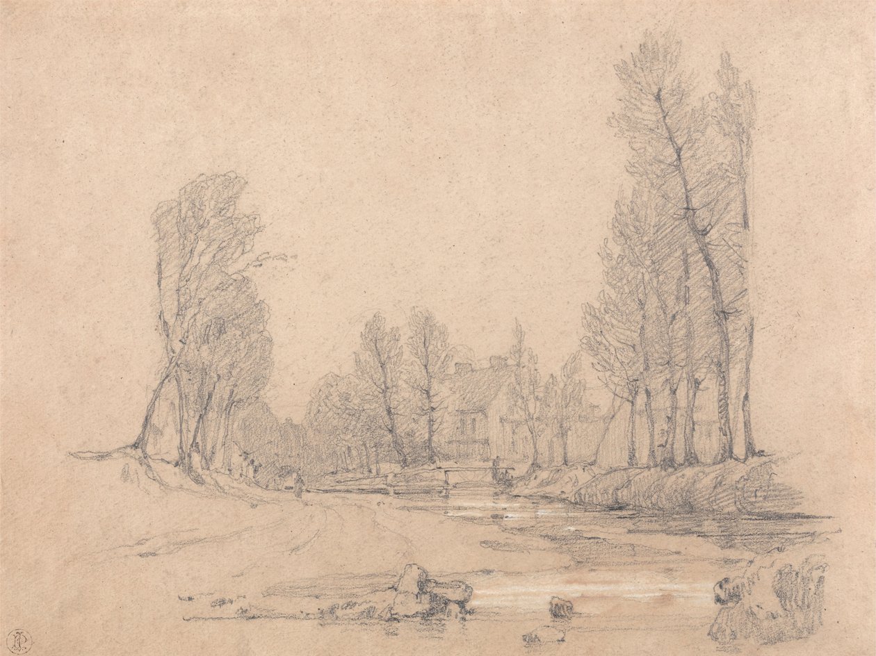 Um riacho arborizado e uma fazenda na Normandia de Richard Parkes Bonington