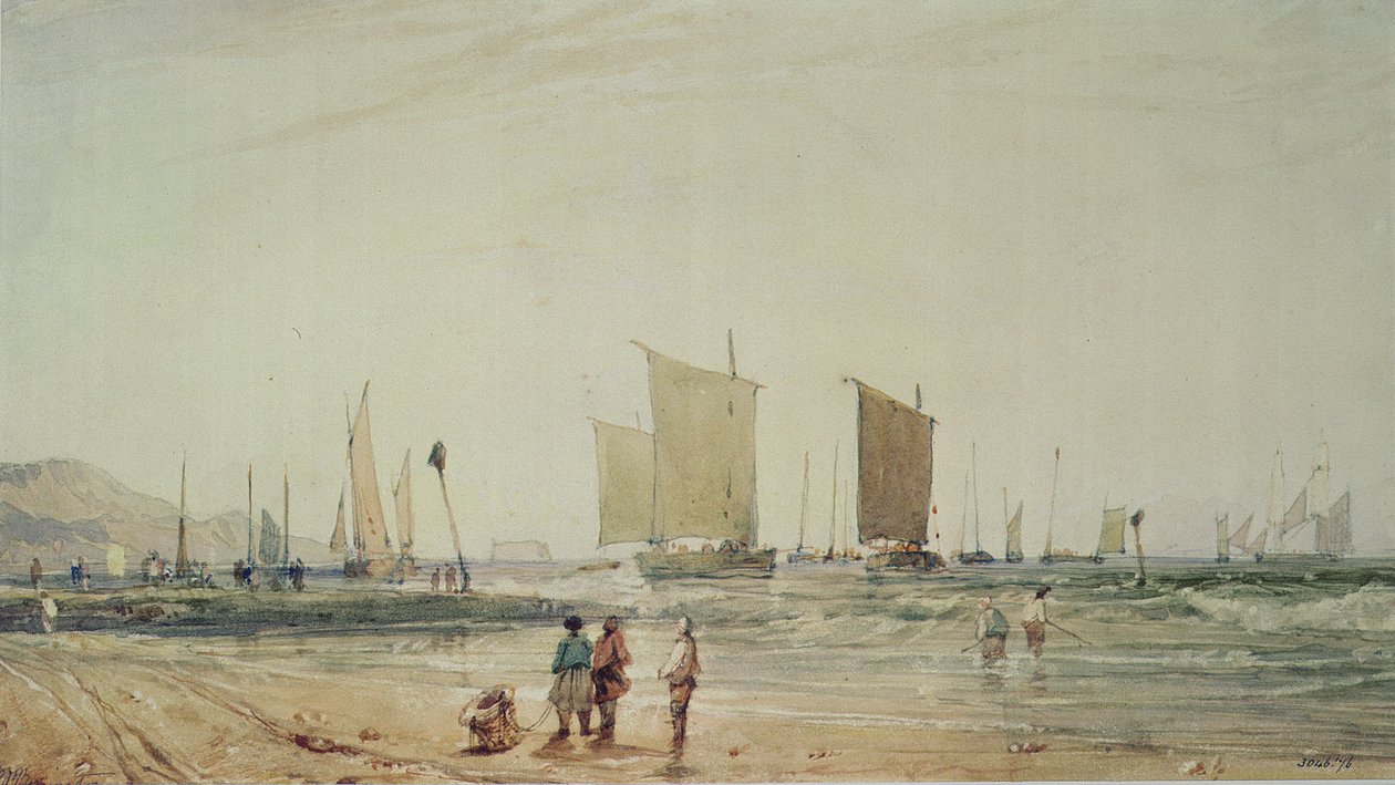 Costa francesa, com barcos de pesca, século XIX (aquarela) de Richard Parkes Bonington
