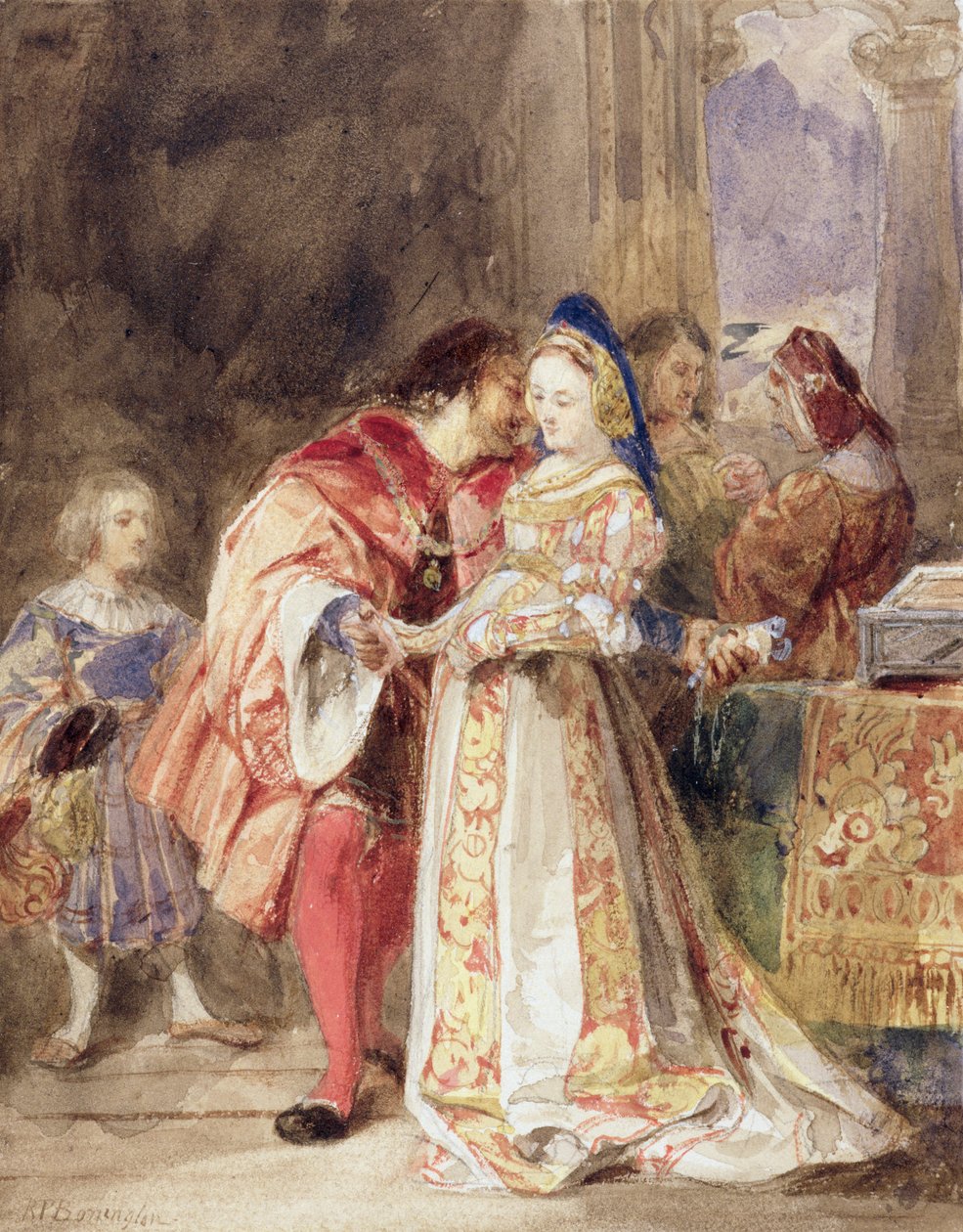 Portia e Bassanio, c.1826 (wc, tinta marrom, bodycolour e grafite sobre papel) de Richard Parkes Bonington