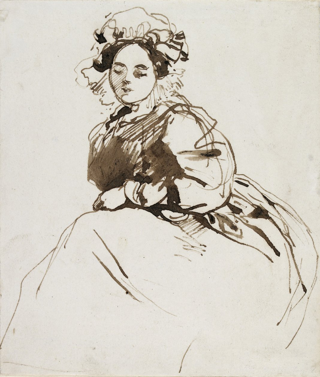 Estudo de uma mulher sentada (caneta e tinta marrom com marrom lavar em papel branco) de Richard Parkes Bonington