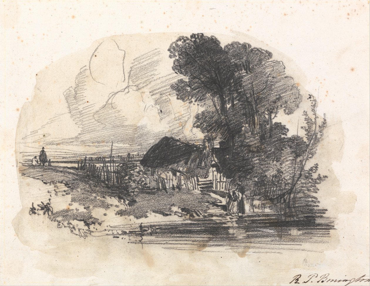 Árvores e uma casa de campo por um rio de Richard Parkes Bonington