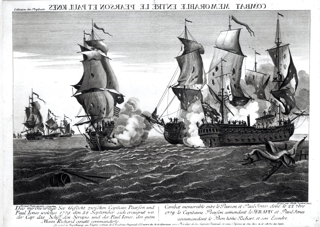 O memorável combate entre o capitão Pearson, o comandante de &39;Os Serapis&39; e John Paul Jones, comandante de &39;Le Bonhomme Richard&39;, 22 de setembro de 1779, gravado por Balthasar Frederic Loizel (grav de Richard Paton