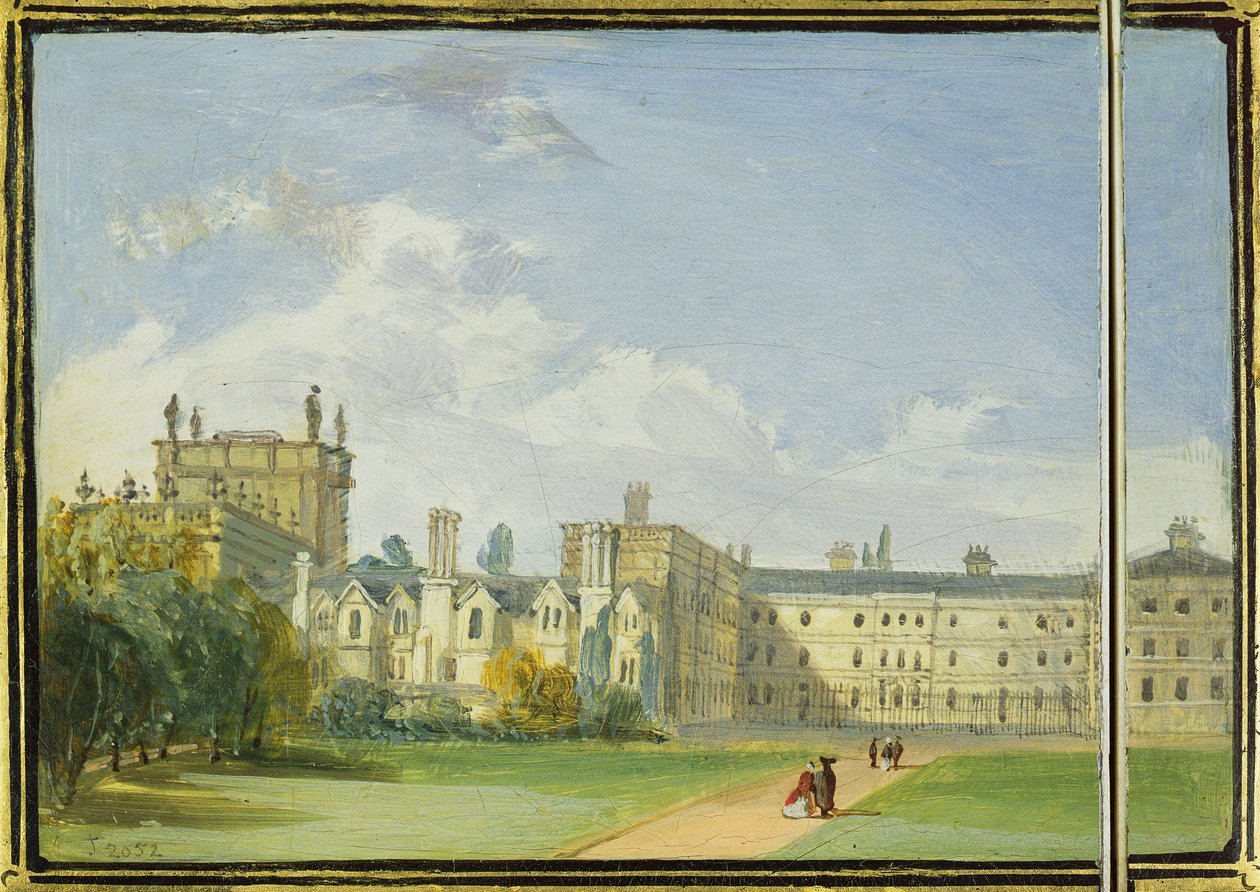 Caso de cartão vitoriano pintado com uma vista traseira do Trinity College Gardens, Oxford (papel machê) de Richard Phene and Benjamin W. Spiers