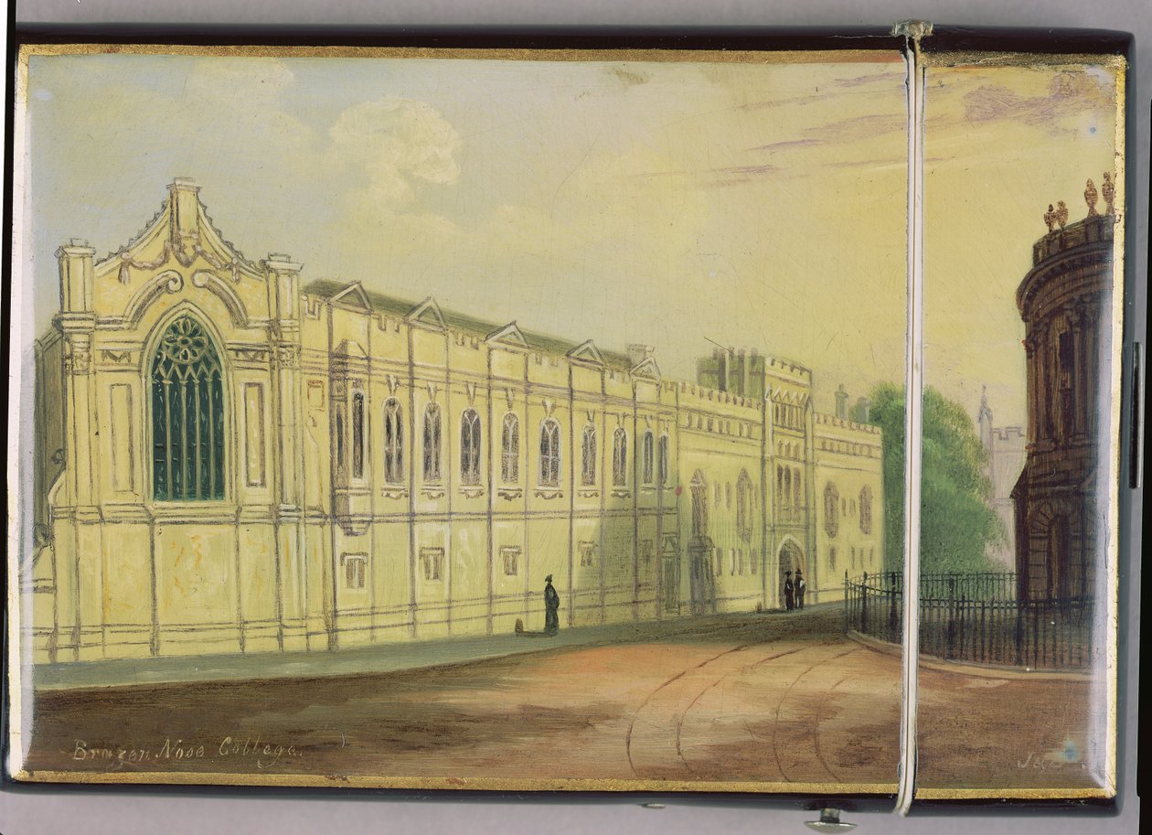 Caso de cartão vitoriano, com uma cena do Brasenose College, Oxford (papel machê) de Richard Phene and Benjamin W. Spiers