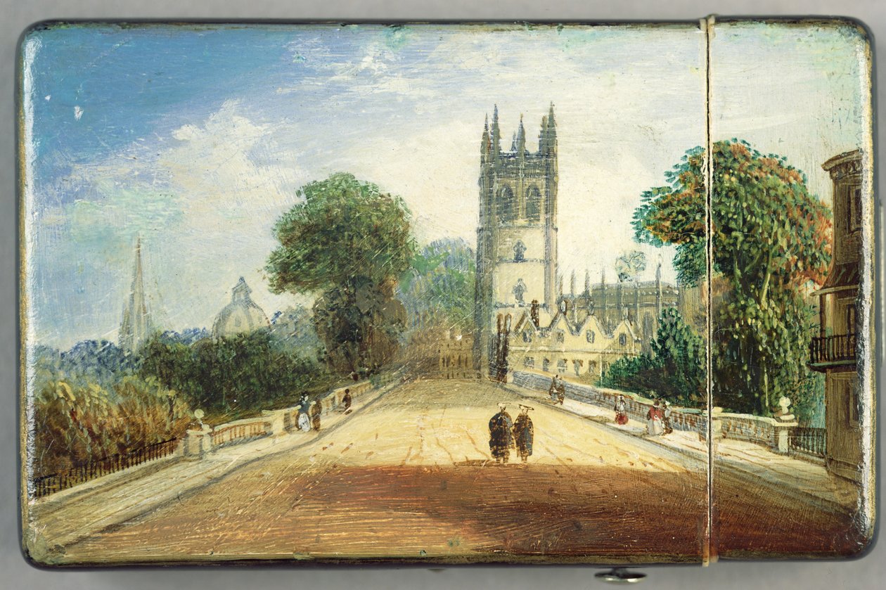 Caso de cartão vitoriano, com uma cena de Magdalen College, Oxford (papel machê) (veja 256309 para reverso) de Richard Phene and Benjamin W. Spiers