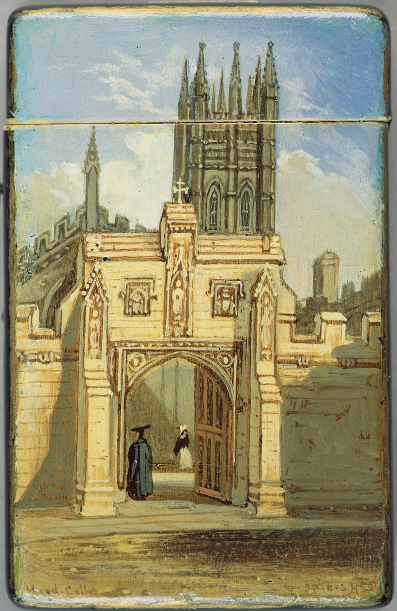 Caso de cartão vitoriano, com uma cena de Magdalen College, Oxford (papel machê) (ver 256310 para reverso) de Richard Phene and Benjamin W. Spiers