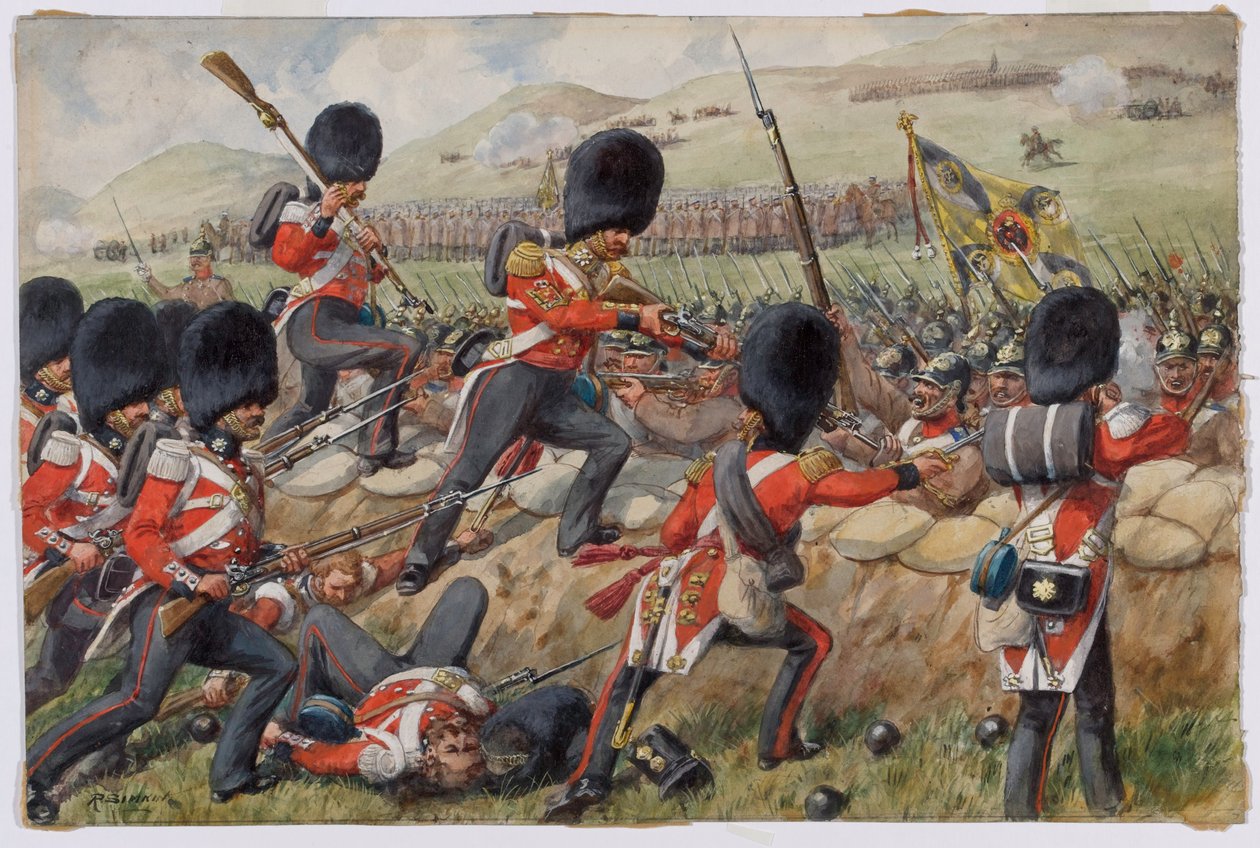 Detalhe dos Guardas Escoceses Fusileiros agora Protetores Escoceses na Batalha de Alma, Guerra da Crimeia, 20 de setembro de 1854 wc em papel de Richard Simkin