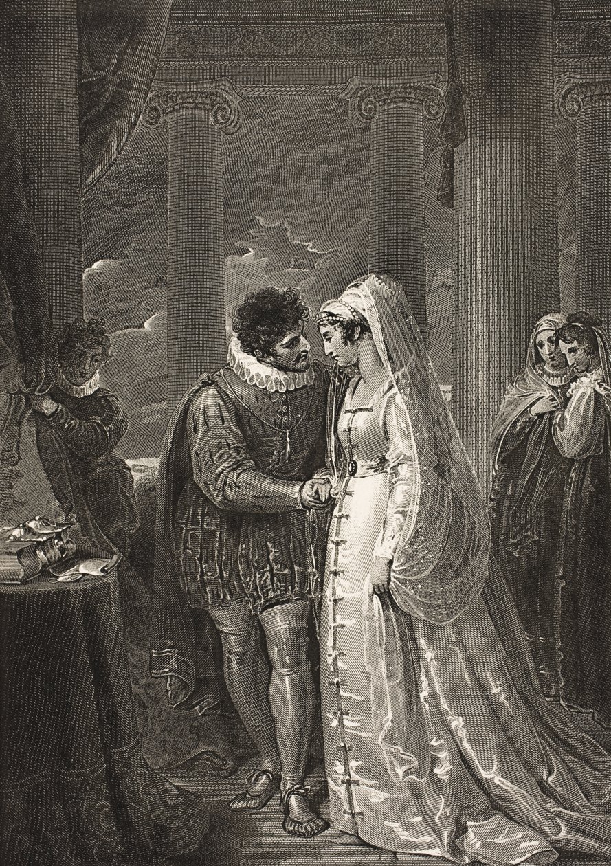 Uma sala na casa de Portia, Ato III, Cena II, de &39;O Mercador de Veneza&39;, da Galeria Boydell Shakespeare, publicada no final do século XIX de Richard Westall