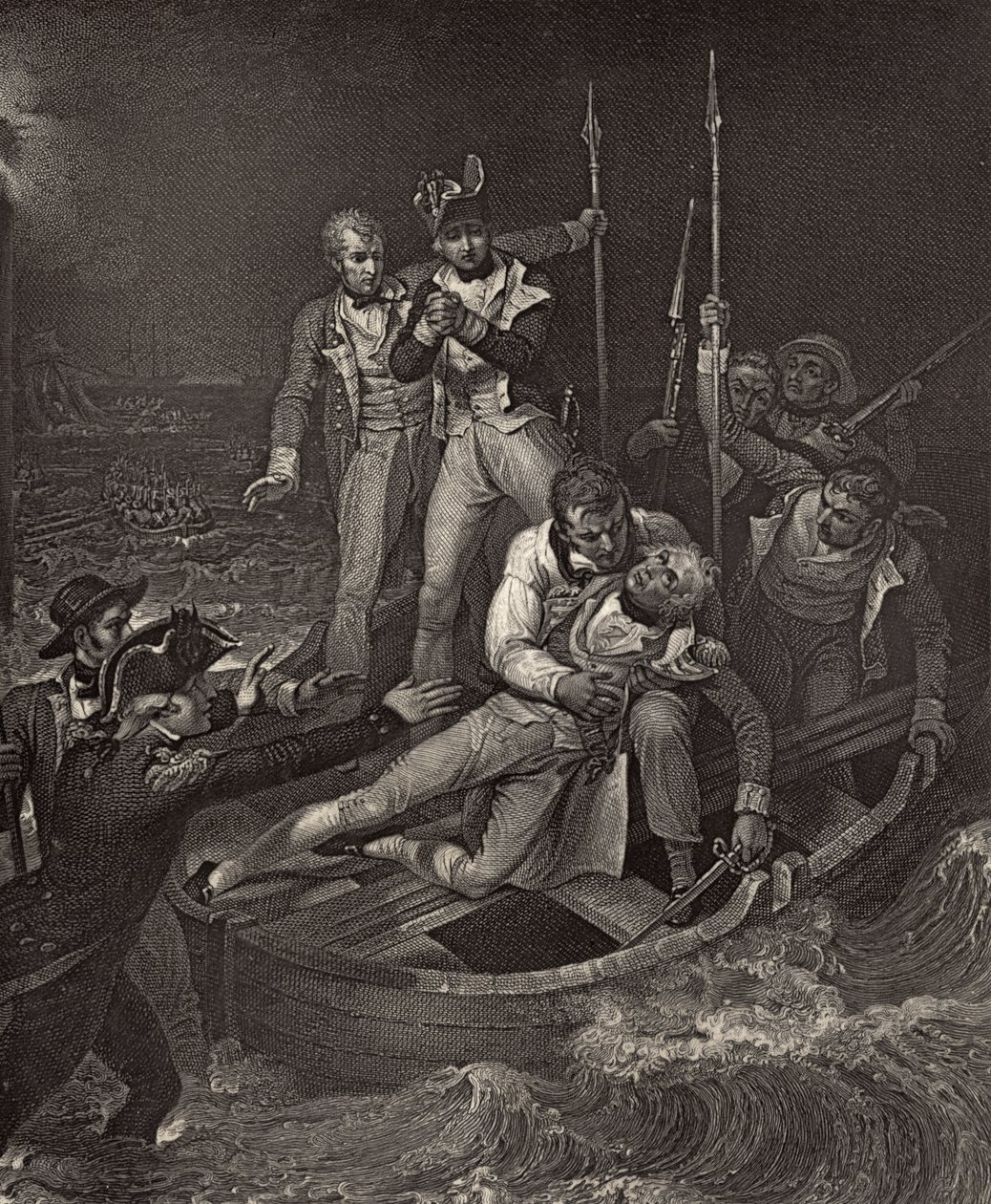 Nelson ferido em Tenerife em 1787, ilustração de "The Life of Nelson", de Robert Southey (1774-1843) publicado pela primeira vez em 1813 de Richard Westall