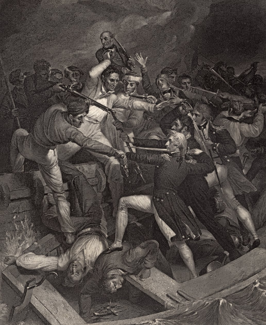 O conflito de Nelson com um lançamento em espanhol, ilustração de "The Life of Nelson", de Robert Southey (1774-1843), publicado pela primeira vez em 1813 de Richard Westall