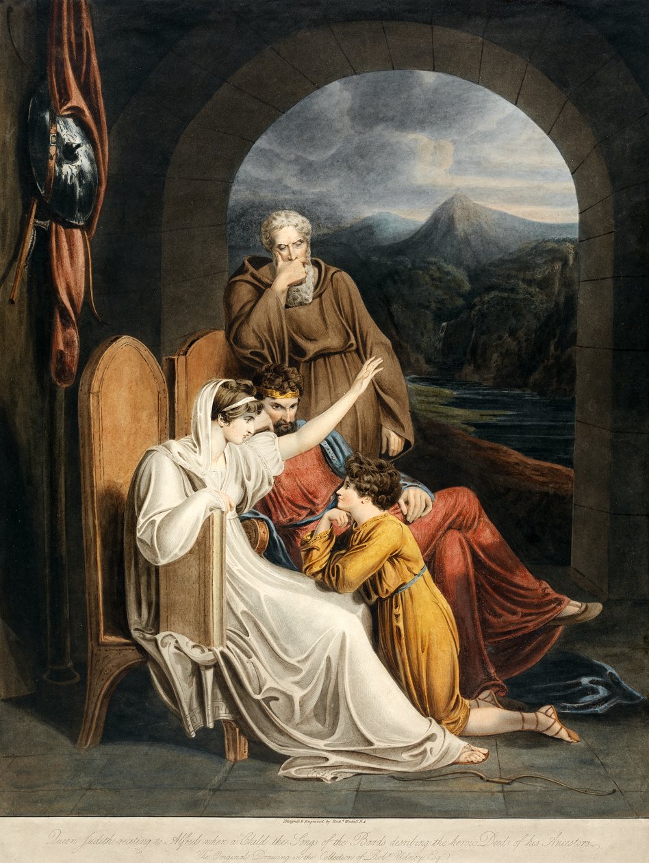 Rainha Judith recitando a Alfred quando uma criança as canções dos bardos que descrevem os atos heróicos de sua publicação dos antepassados. 1801 de Richard Westall