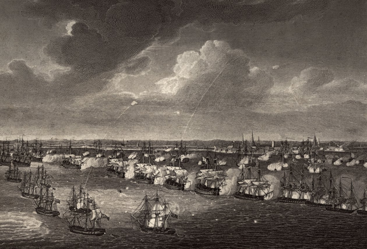 A Batalha de Copenhague em 1801, ilustração de "A Vida de Nelson", de Robert Southey (1774-1843), publicada pela primeira vez em 1813 de Richard Westall