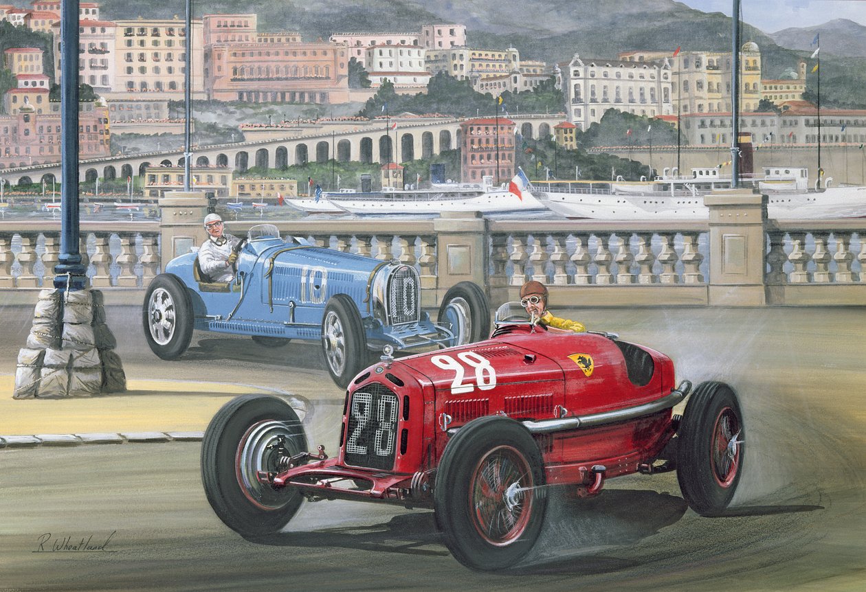 Duelo no Harbour Front, Grande Prêmio de Mônaco em 1933 (wc e guache) de Richard Wheatland