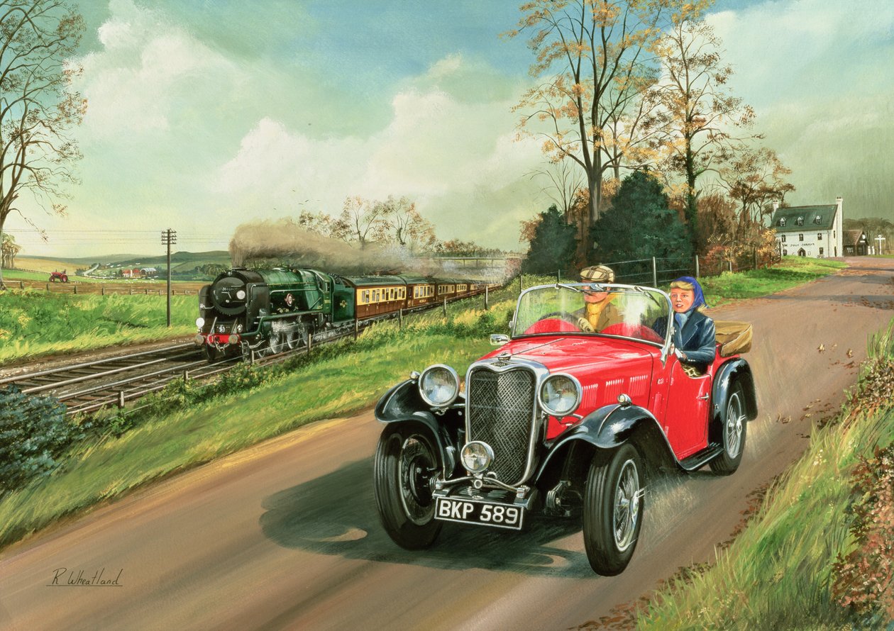 Racing the Train, 1995 (wc e guache a bordo) de Richard Wheatland