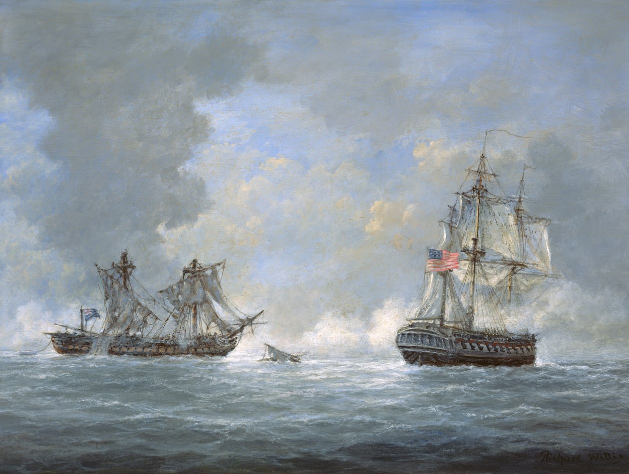 A ação entre a Fragata dos EUA &39;Estados Unidos&39; e a fragata britânica &39;Macedonian&39; ao largo das Ilhas Canárias em 25 de outubro de 1812 de Richard Willis