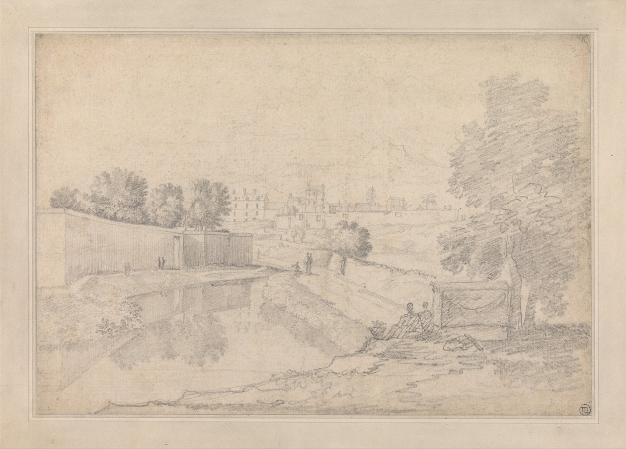 Paisagem italiana com rio que corre entre a parede alta na esquerda e o banco alto na direita para um ... de Richard Wilson