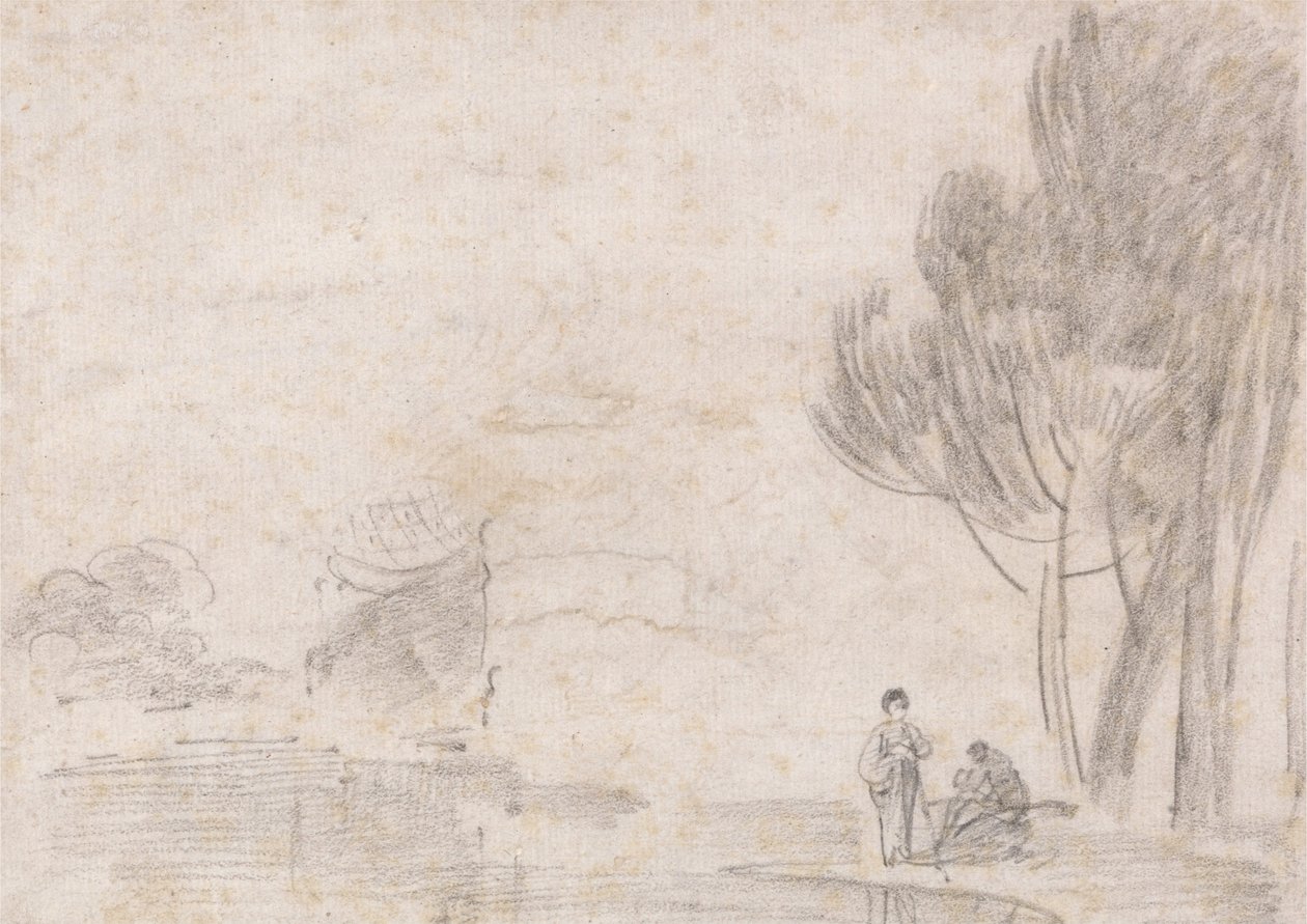 Templo arruinado de Minerva, duas figuras na margem do rio de Richard Wilson