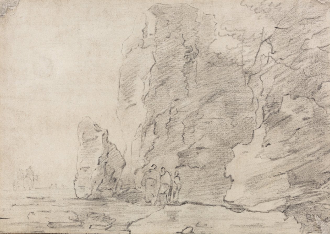 Três, figuras, levantando, por, penhascos rochosos, dois, cavaleiros, em, distância, esquerda de Richard Wilson
