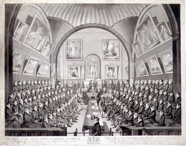 O Senhor Prefeito, Vereadores e Conselho Comum na Câmara do Conselho Guildhall, Londres, gravado por Thomas Sutherland (b.c.1785) publicado em 1825 (litho) de Richard (after) Dighton
