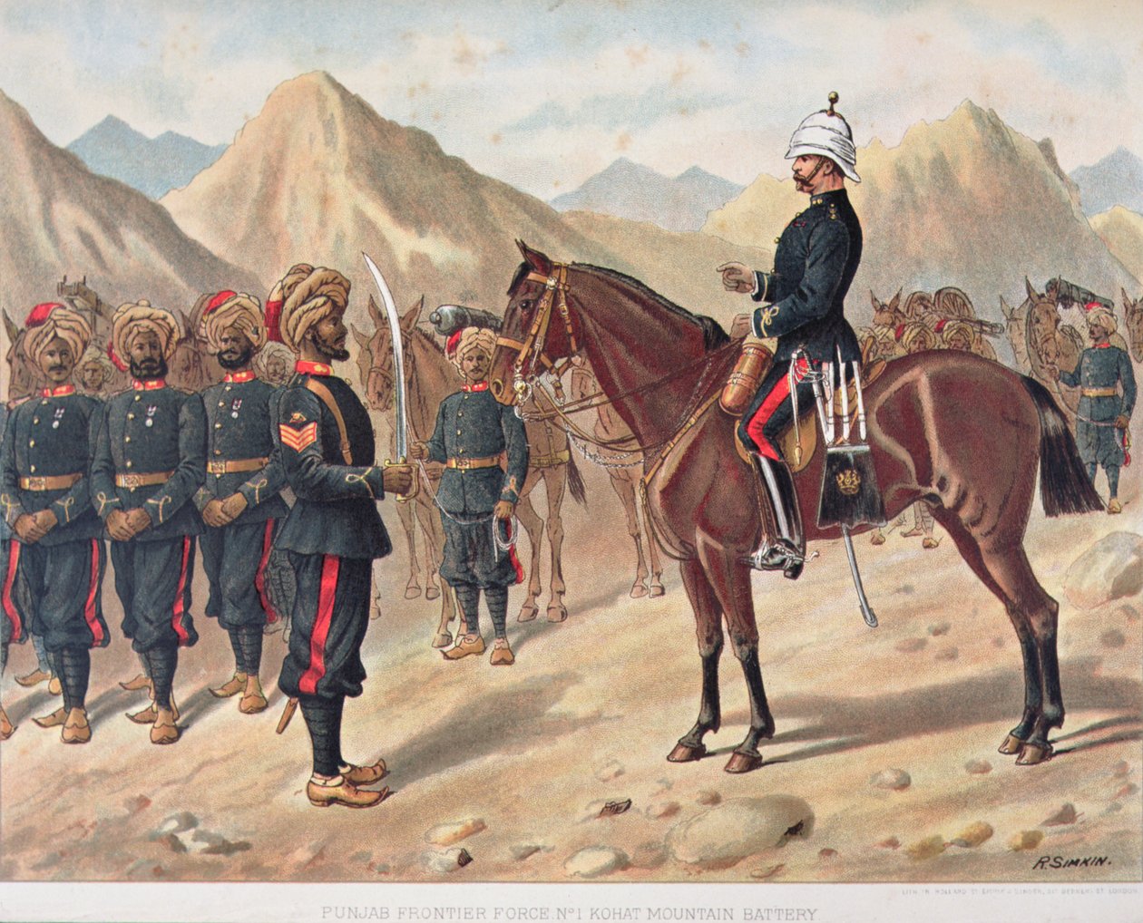 Punjab Frontier Force No.1 Kohat Mountain Battery, o Exército Anglo-Indiano da década de 1880 (cor litho) de Richard (after) Simkin