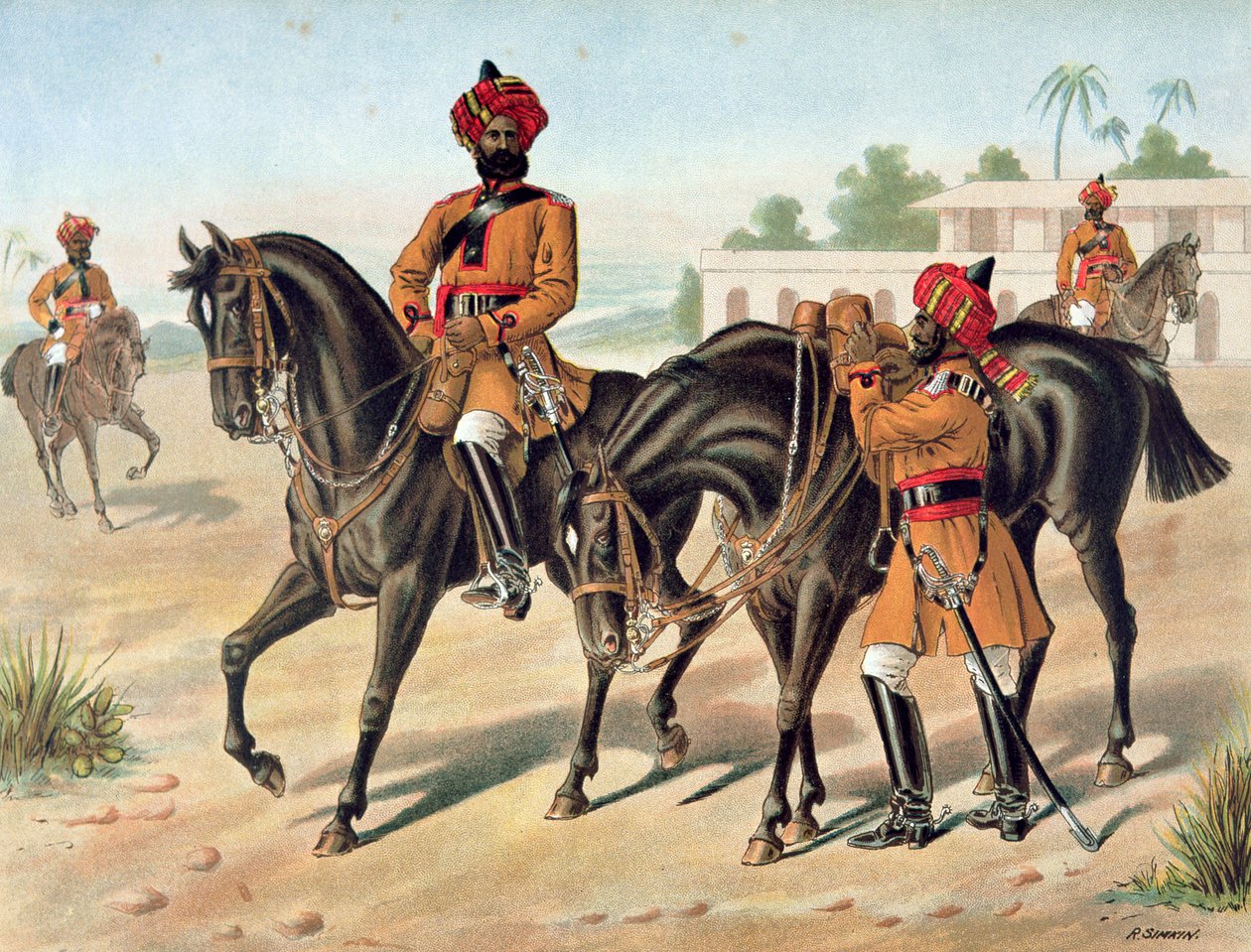 A 1ª Cavalaria de Bengala, Ordem de Revisão, Exército Anglo-Indiano da década de 1880 (cor litho) de Richard (after) Simkin