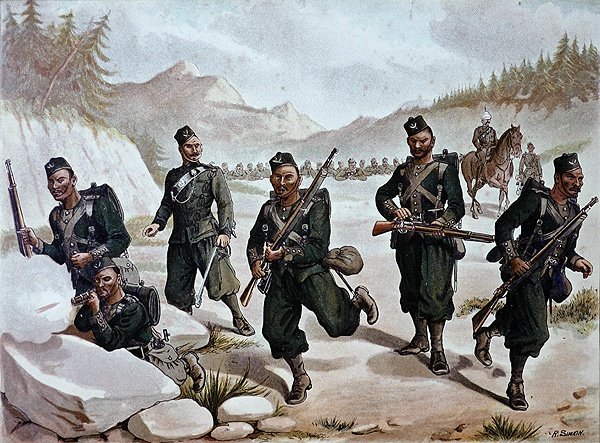 A 3ª Skirmishing Gurkhas, o Exército Anglo-Indiano dos anos 1880 (cor litho) de Richard (after) Simkin