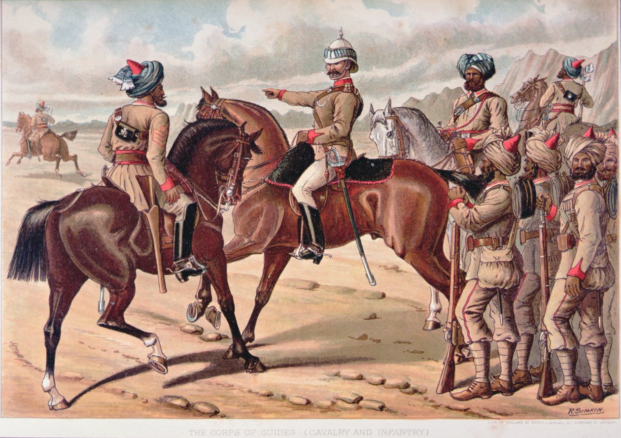 O Corpo de Guias (Cavalaria e Infantaria), o Exército Anglo-Indiano da década de 1880 (cor litho) de Richard (after) Simkin
