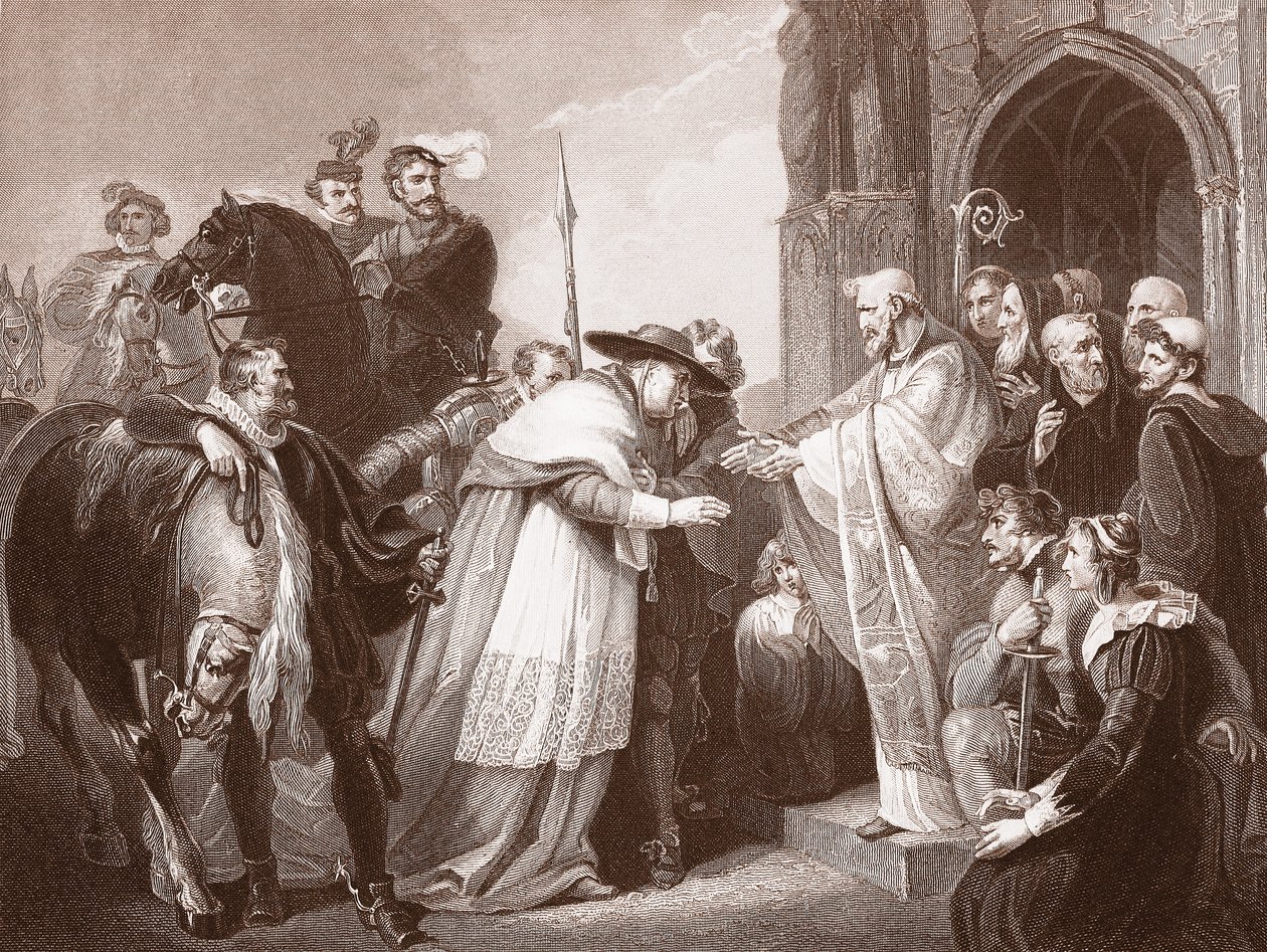 Cardeal Wolsey na Abadia de Leicester, gravada por R. Walther (litho) de Richard (after) Westall
