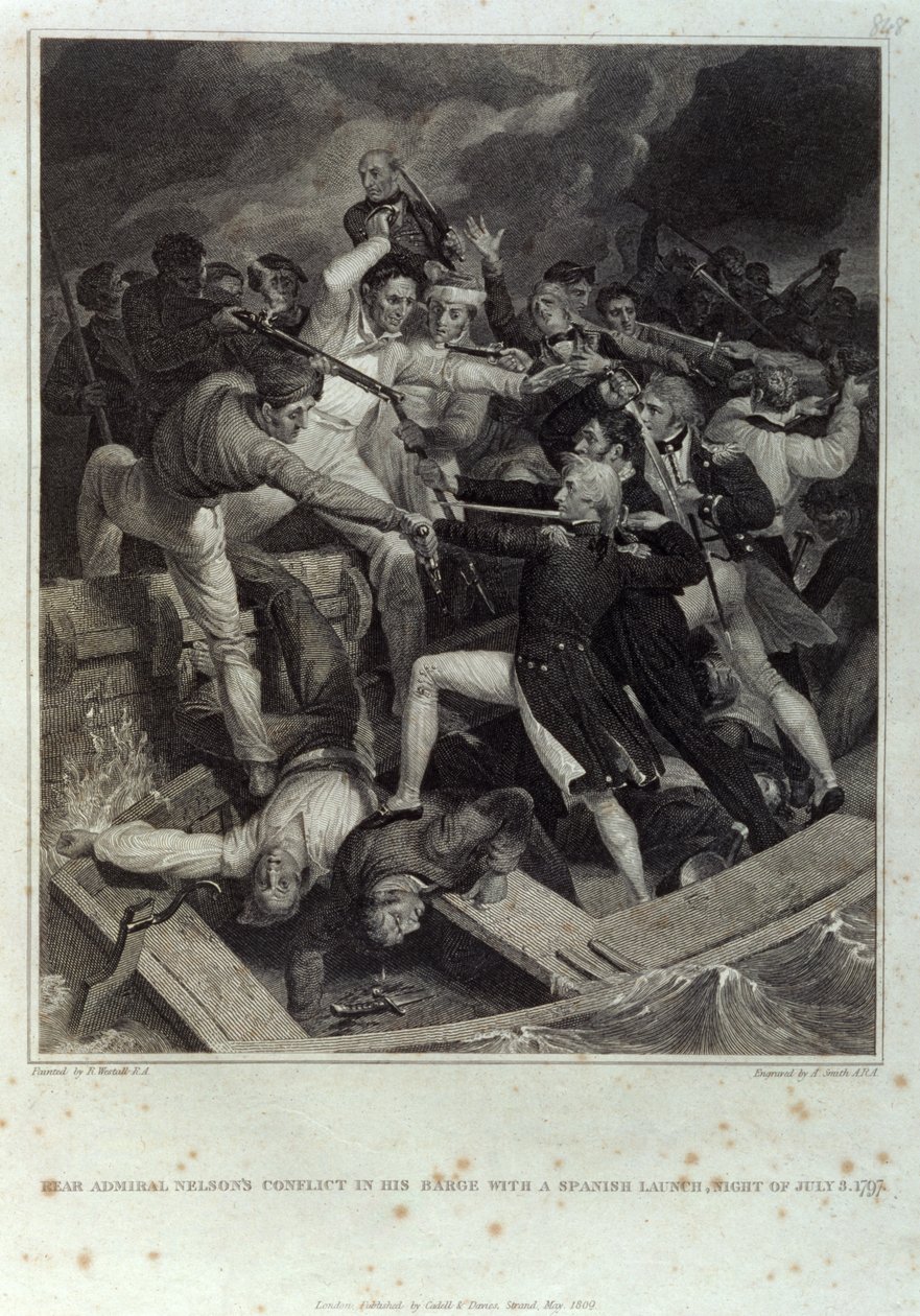 O conflito do Contra-Almirante Nelson em sua barcaça com um lançamento espanhol, noite de 3 de julho de 1797, gravado por A. Smith, publicado pela Cadell & Davies, maio de 1809 (gravura) de Richard (after) Westall