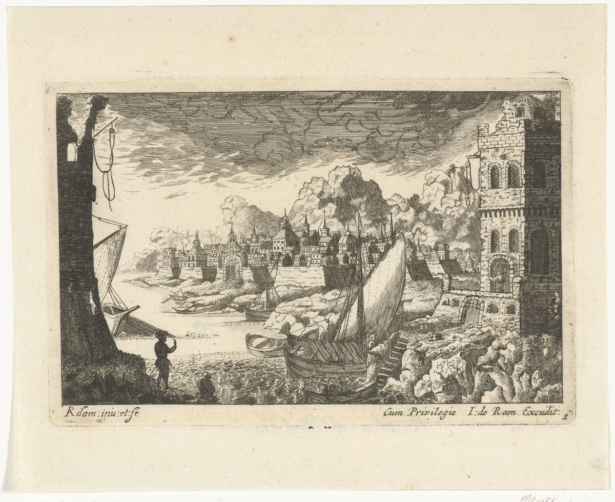 Paisagem urbana com porto de pesca e barco de amarração Cityscapes and Harbors (título da série) de Richard Adam
