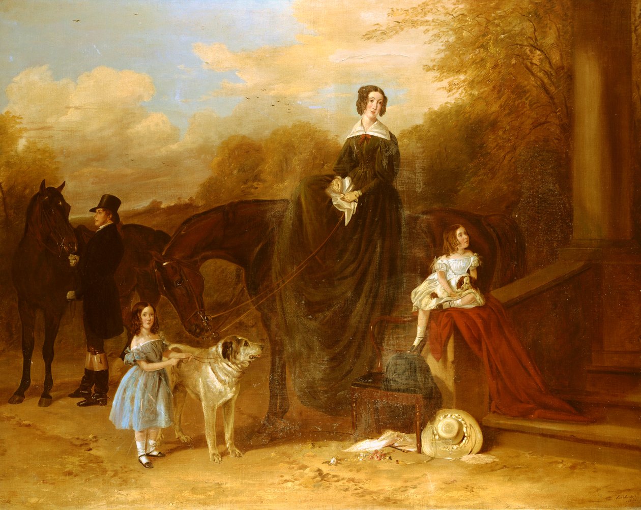 Uma família com seus caçadores e cães fora de uma mansão, 1841 de Richard Ansdell