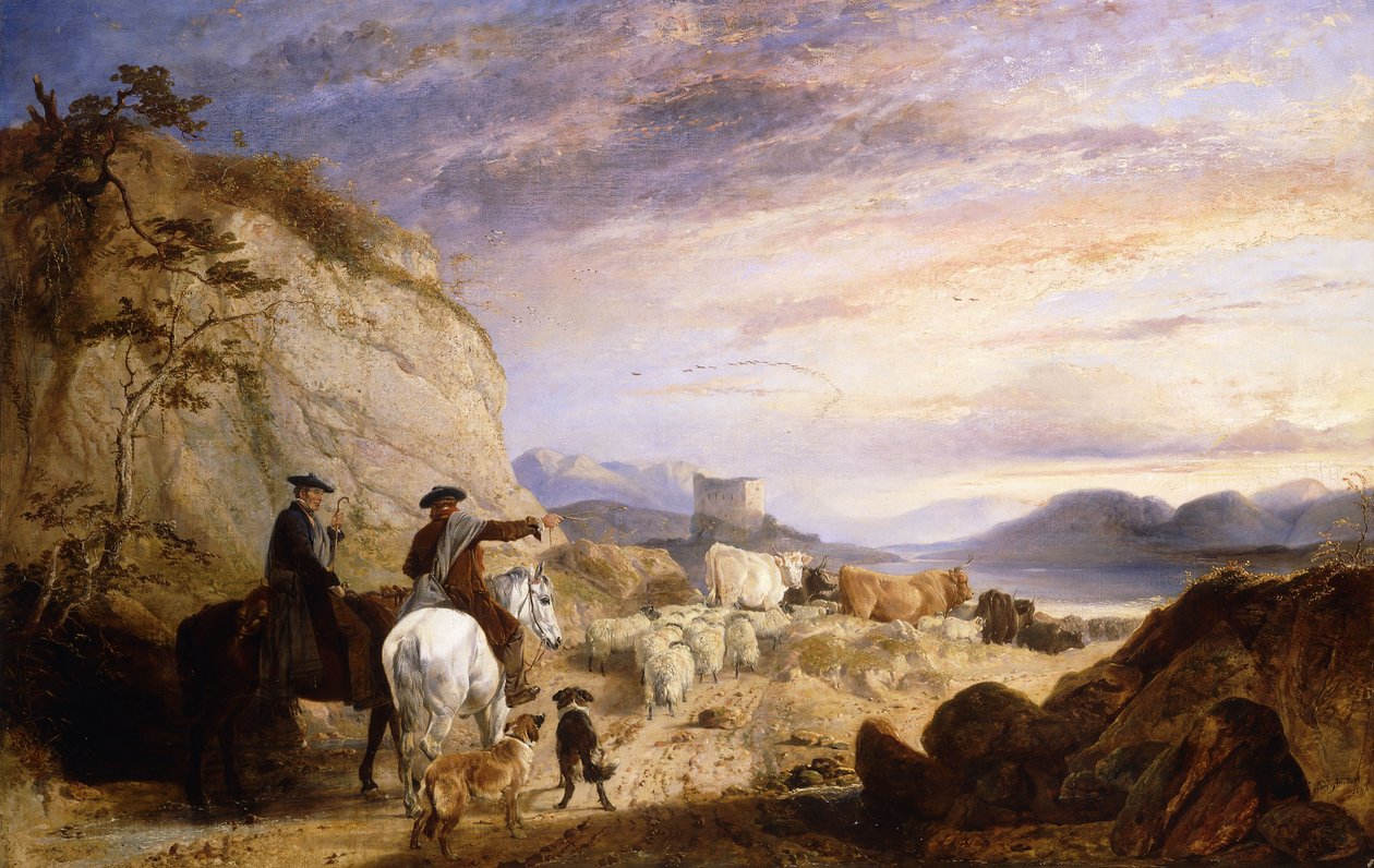Trovões das montanhas e cães dirigindo seus carneiros e gado em uma paisagem arborizada rochosa, 1846 de Richard Ansdell