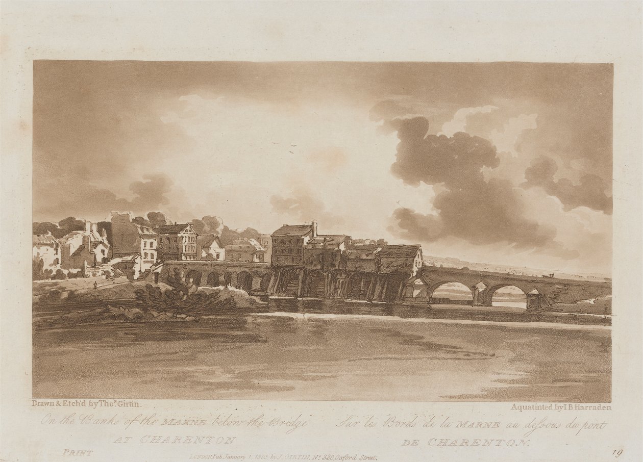 Nas margens do Marne abaixo da ponte em Charenton 1803; Placa 19 de Views em Paris, o traçado do volume Emanuel da placa B1981.25.2628 de Richard Banks Harraden