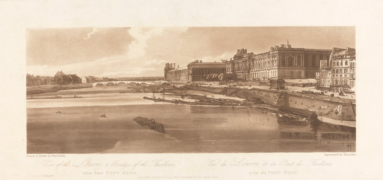 Vista do Louvre e da Ponte das Thuilleries, tirada da Pont Neuf. 1802; Placa 2 de Views in Paris, o Emanuel Volume Tracing da placa, B1981.25.2613 de Richard Banks Harraden