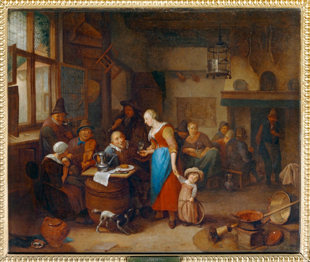 Bebedores numa taberna, um bebé num berço - Drinkers et musiciens dans un cabaret, avec enfant au cerceau ... de Richard Brakenburg